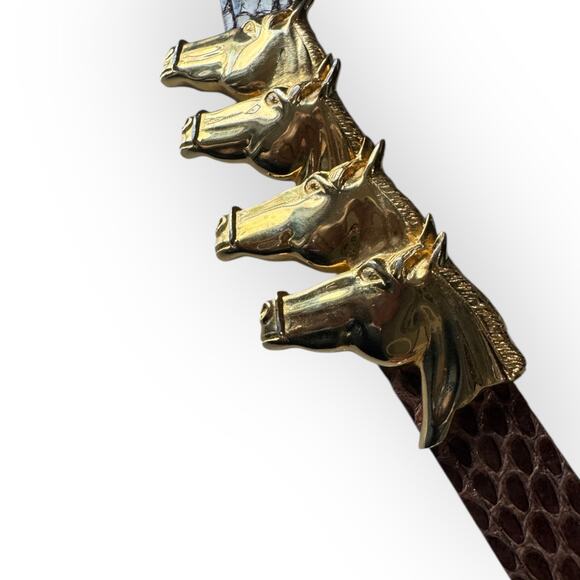 Vtg Alexis Kirk Belt Four Horse Head Gold Tone Buckle Brown Snake Leather 1980s main image 16